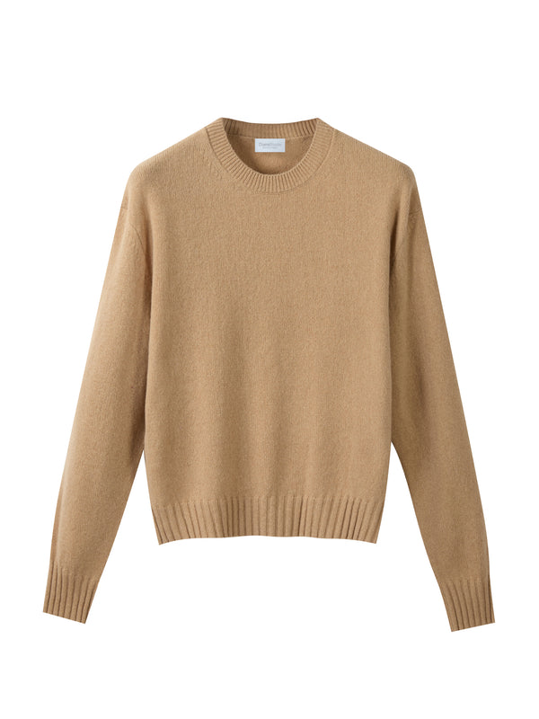 Kurz geschnittener Rundhalspullover aus 100 % regeneriertem Kaschmir in Beige-Haferflockenfarbe