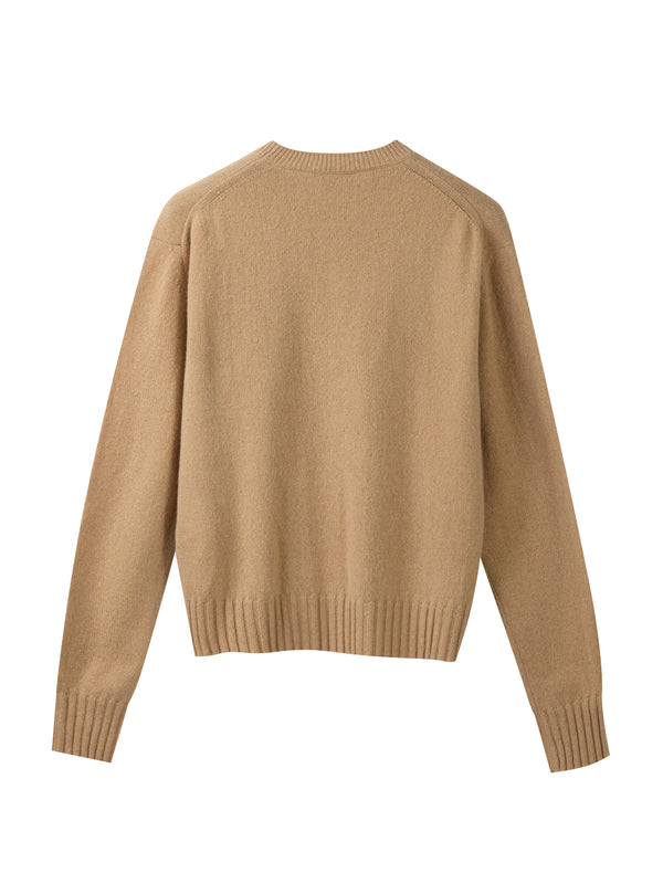Kurz geschnittener Rundhalspullover aus 100 % regeneriertem Kaschmir in Beige-Haferflockenfarbe