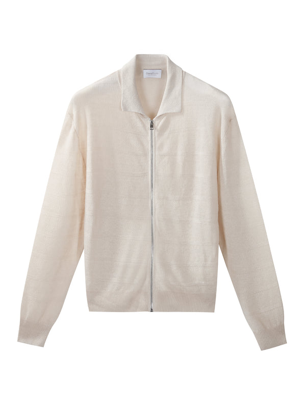 Cardigan zip in Lino in punto chicco di riso