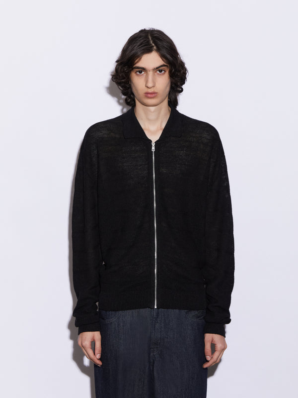 Cardigan zip in Lino in punto chicco di riso