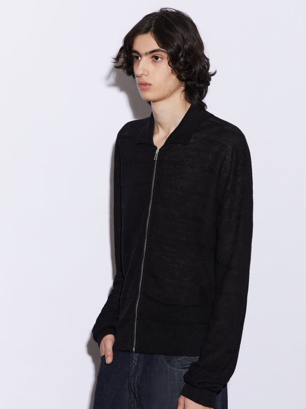 Cardigan zip in Lino in punto chicco di riso