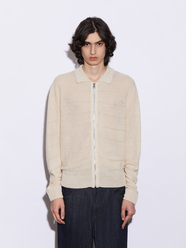 Cardigan zip in Lino in punto chicco di riso
