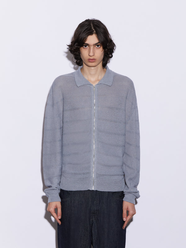 Cardigan zip in Lino in punto chicco di riso